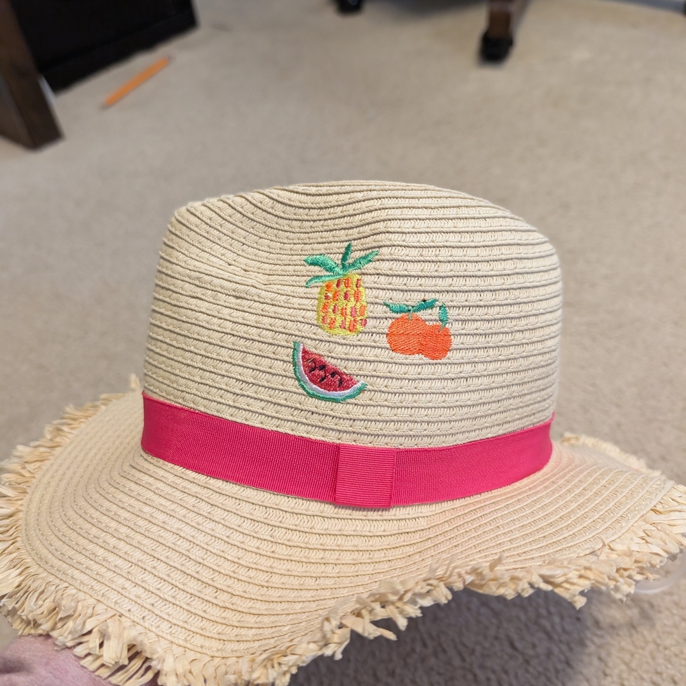 Straw Hat with Pink Band and Fruit Embroidery